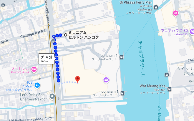 ミレニアム・ヒルトン・バンコクからアイコンサイアムまでの地図
